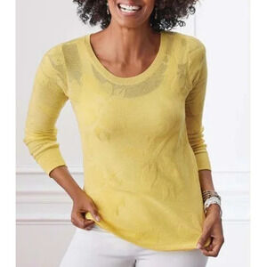 Soft Surroundings Plus 1X Garden Wall Pointelle Jacquard Sweater Yellow Knit